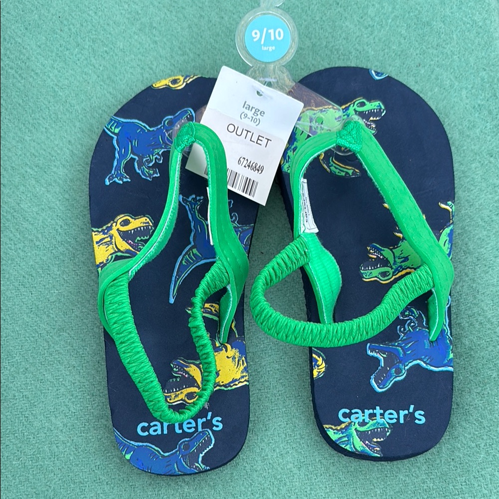 Nwt Carter's Kids Dinosaur Flip Flops - Green And Blue Elastic Heel Strap L 9-10